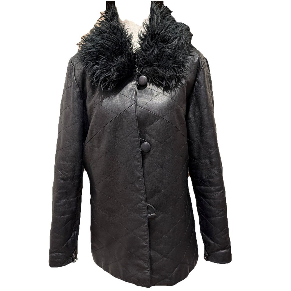 Vtg Y2K Hillard Hanson Womens L Leather Jacket With Removable Faux Fur Collar